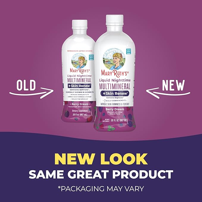 MaryRuth's Liquid Nighttime Liquid Multimineral + Skin Renew | Clinically Shown in Women to Reduce Fine Wrinkle &amp Improve Skin Firmness | Sepitone | NO Melatonin | Magnesium | Vegan | 30 Servings