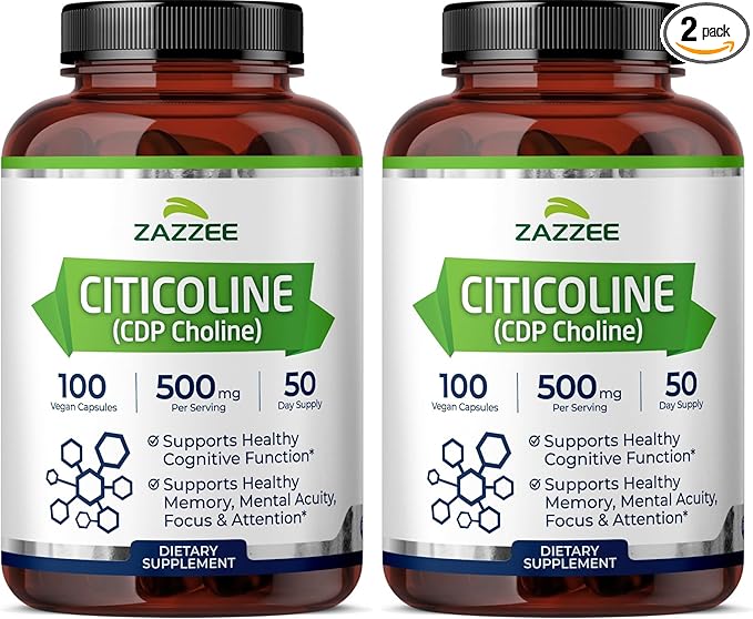 Zazzee Extra Strength Citicoline 500 mg per Serving 100 Vegan Capsules Superior CDP Choline Form 100% Vegetarian and Pharmaceutical Grade 50-Day Supply All-Natural and Non-GMO (Pack of 2)