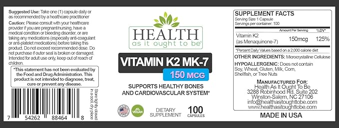 Health As It Ought To Be Vitamin K2 MK-7 150 mcg Supplement – Supports Bone and Cardiovascular Health – Soy-Free Works with Vitamin D3 – 100 Capsules