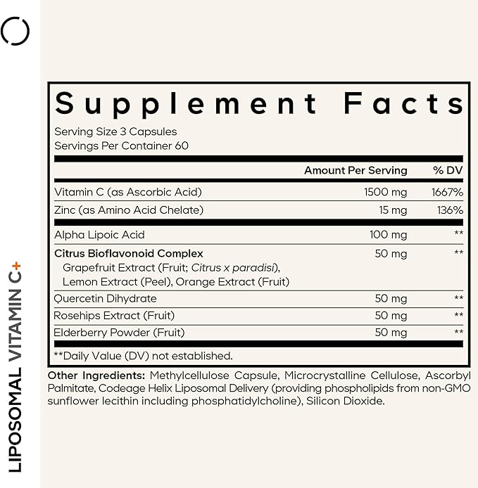Codeage Liposomal Vitamin C 1500mg with Zinc Elderberry Citrus Bioflavonoids Grapefruit Lemon Orange Powder Quercetin &amp Rose Hips Fruit – Vegan Supplement - Non-GMO Vegan Pills 180 Capsules