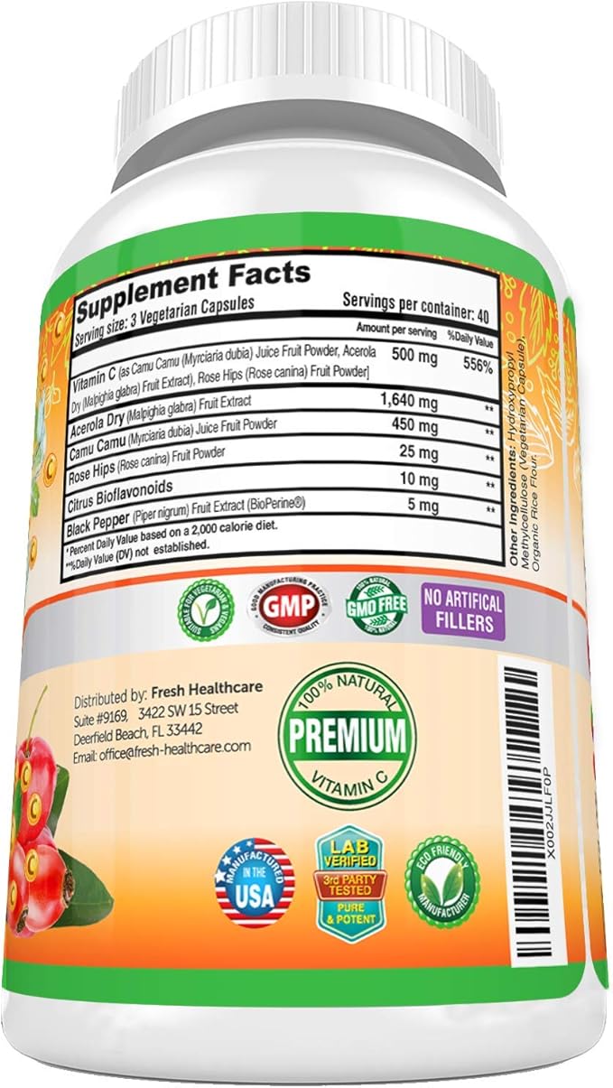 Fresh Healthcare Whole Food Vitamin C 500mg - Natural Supplement from Rose Hips Acerola Cherry &amp Camu Camu - with Citrus Bioflavonoids for Immune Support - 120 Vegan Capsules
