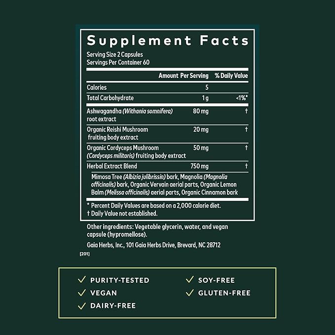 Gaia Herbs Adrenal Health Nightly Restore - Herbal Supplement with Ashwagandha Magnolia Bark Cordyceps Lemon Balm &amp More* - 120 Vegan Liquid Phyto-Caps (60 Servings)