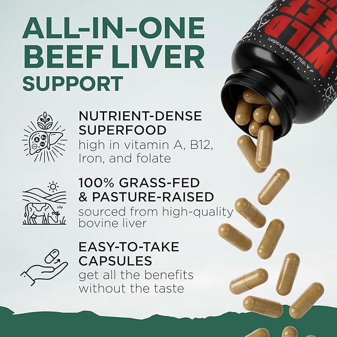 Wild Foods Beef Liver Capsules - Grass-Fed &amp Pasture-Raised | 3000mg Ancestral Supplement for Natural Energy &amp Immune Support | Organ Supplement for Men &amp Women | Keto Paleo Carnivore (1