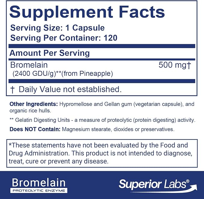 Superior Labs Bromelain 500mg – 2400 GDU/Gram Non-GMO Pineapple Enzyme Plant-Based Digestive Support Promotes Joint Comfort &amp Tissue Health – 120 Veg Caps