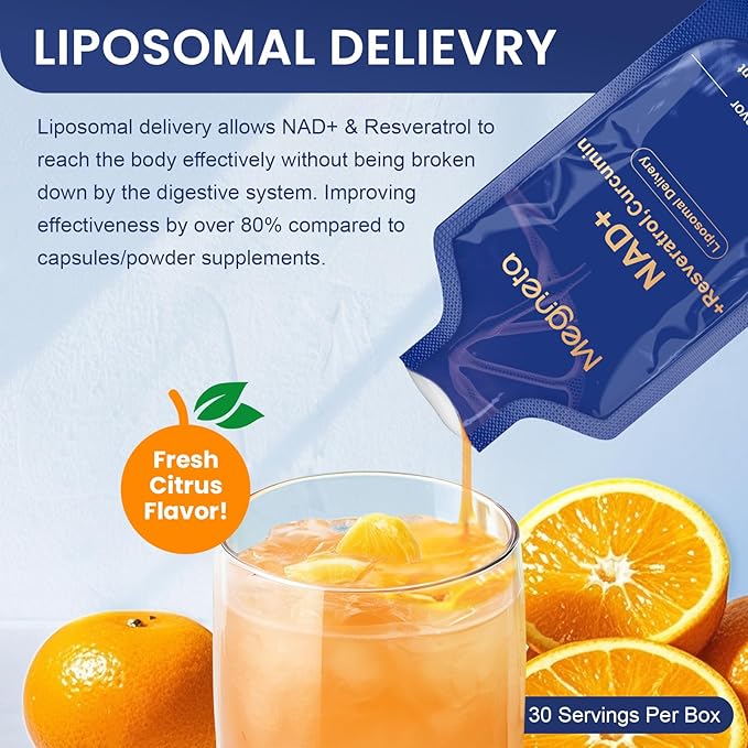Liposomal NAD+ Supplement with Resveratrol Anti-Aging Energy Boost &amp Cellular Health Support 15.2 fl. oz NAD Liquid for Men &amp Women (30 Pouch)