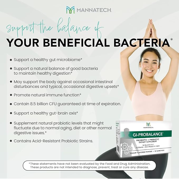 Mannatech Prebiotics and Probiotics 30 Slimsticks Yogurt Flavor GI-ProBalance w/MannaBiotic Blend Pre and Probiotics Powder for Gut Health w/ 8 Strains Rich Prebiotic Fiber &amp 50 Billion CFU