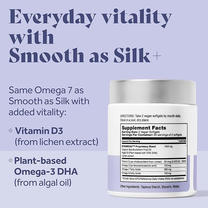 Femininity Smooth as Silk+ 30-Day Starter Kit for Vaginal Dryness (60 Softgels &amp Refillable Glass Jar) – Blend of Sea Buckthorn Oil Vitamin D3 and Plant-Based Omega-3 DHA