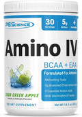 PEScience Amino IV BCAA &amp EAA Powder Essential Amino Acids Taurine Electrolytes for Hydration and Muscle Recovery Sugar Free for Men &amp Women Post Workout - Sour Green Apple 30 Servings