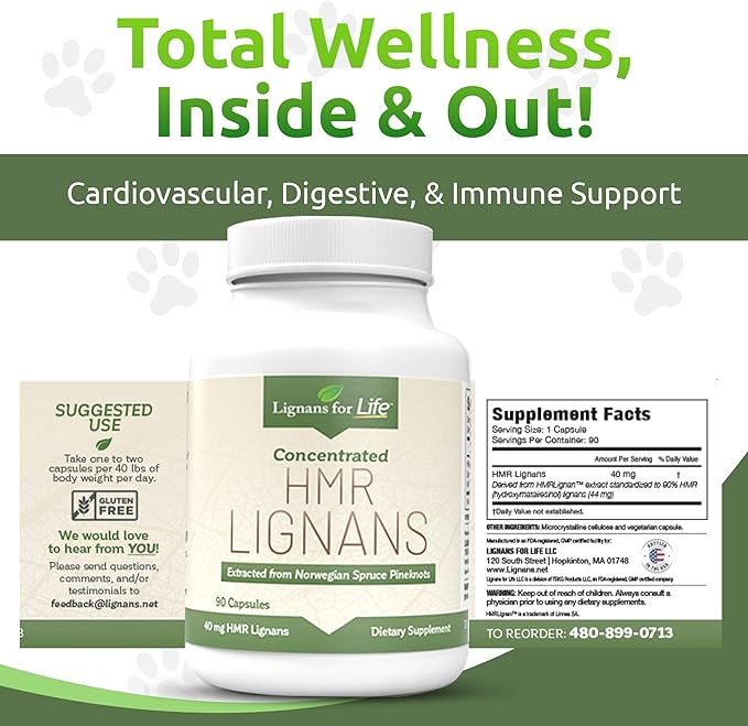 Lignans For Life HMR Lignans for Dogs 40mg - 90 Capsules Vitamin for Healthy Pet | Multivitamin | Wellness Supplement | 2-Pack