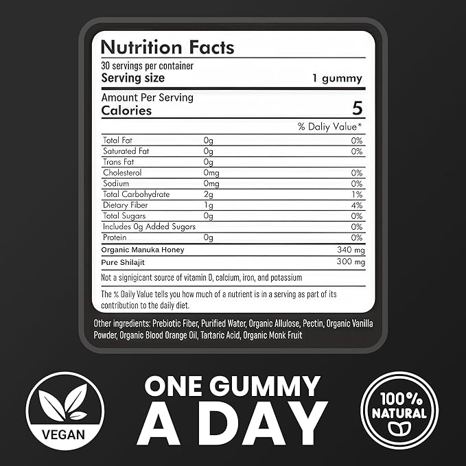 Cured Shilajit Gummies for Men with 85+ Trace Minerals Fulvic &amp Humic Acid | Natural Energy Stamina &amp Endurance Support | Organic Manuka Honey Zero Sugar Daily Wellness Supplement