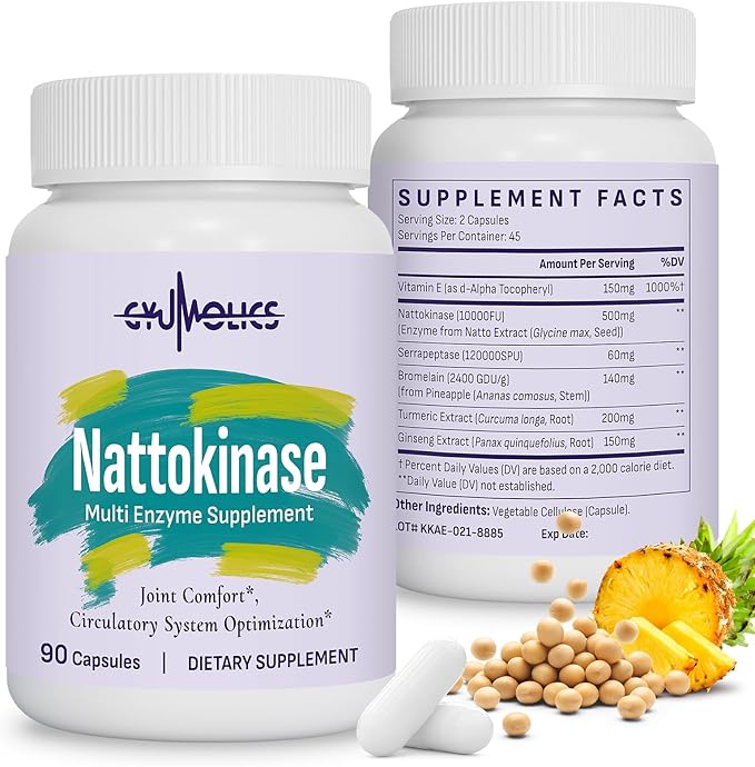 Nattokinase 10000FU Nattokinase Supplement Organic Serrapeptase Bromelain Curcumin Vitamin E &amp Ginseng Movement Comfort 180 Capsules