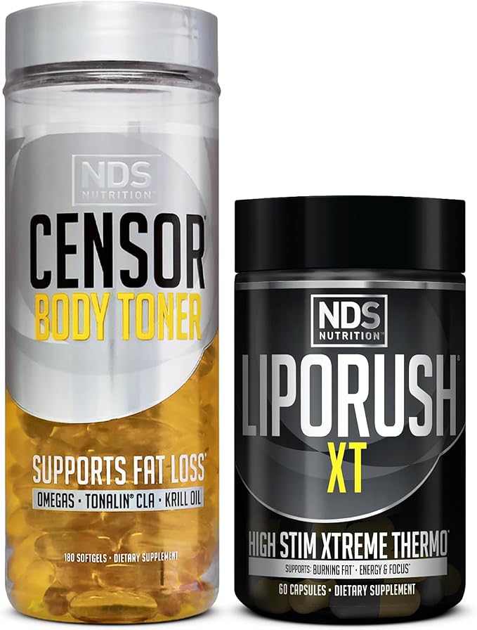 Censor NDS Nutrition LipoRUSH XT Fat Loss and Body Toner Bundle - CLA Omega 3-6-9 L-Carnitine &amp Teacrine for Maximum Energy Metabolism and Shredding Fat