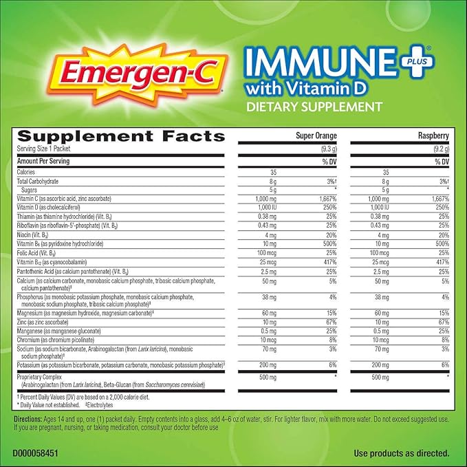 Emergen-C Immune+ System Support Dietary Supplement Drink Mix With Vitamin D 1000mg Vitamin C - 70 packets (30 - Raspberry Flavor 40 - Super Orange Flavor)