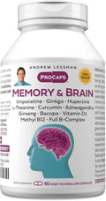 ANDREW LESSMAN Memory &amp Brain 60 Capsules – Naturally Supports Brain Memory and Mental Acuity. with Ginkgo Biloba Ashwagandha Bacopa Curcumin Ginseng B-Complex Vitamin D3