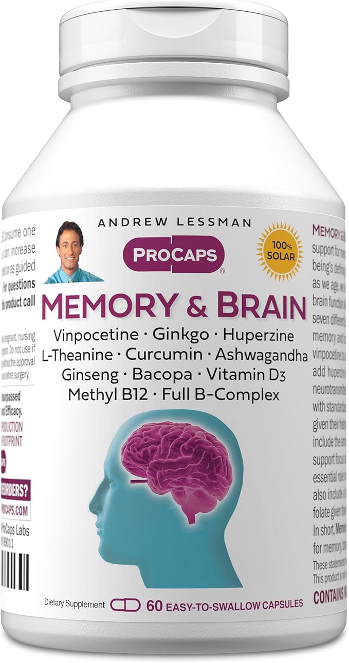 ANDREW LESSMAN Memory &amp Brain 60 Capsules – Naturally Supports Brain Memory and Mental Acuity. with Ginkgo Biloba Ashwagandha Bacopa Curcumin Ginseng B-Complex Vitamin D3
