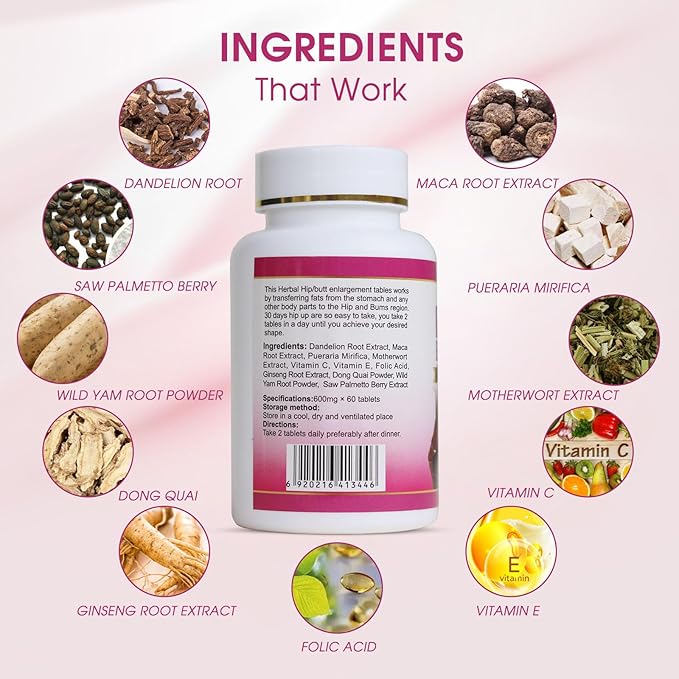 Butt Booster Pills Mention Buttocks Herbal Supplements Plump Hips Enhancement Firming and Seductive 60 Tablets