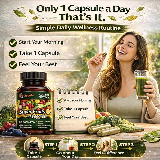 Premium Super Fruits and Veggies Supplement - 36 Whole Food Extracts - Advanced Digestive Health &amp Immune Support - One Capsule Daily - Made in USA - 60-Day Supply
