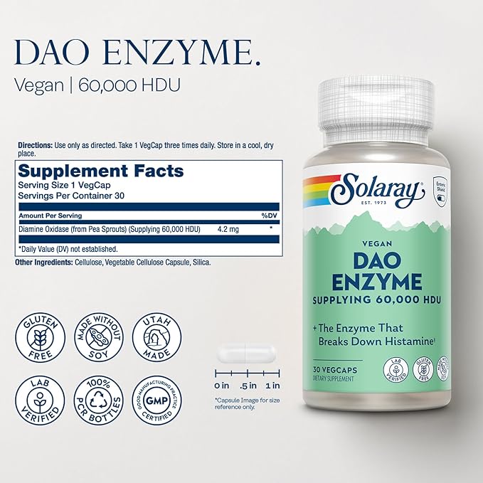 SOLARAY DAO Enzyme - Digestive Enzyme That Breaks Down Histamine - 60000 HDU - Digestive Enzymes - Vegan Gluten Free Lab Verified - 30 Servings 30 VegCaps
