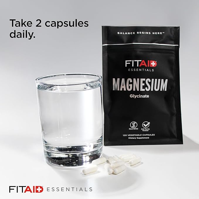FITAID Essentials Magnesium Glycinate Capsules High Potency Recovery for Weightlifting Running Cycling Muscle Fatigue Relief Bone Health 2 Month Supply 120 Bioavailable Veggie Capsules