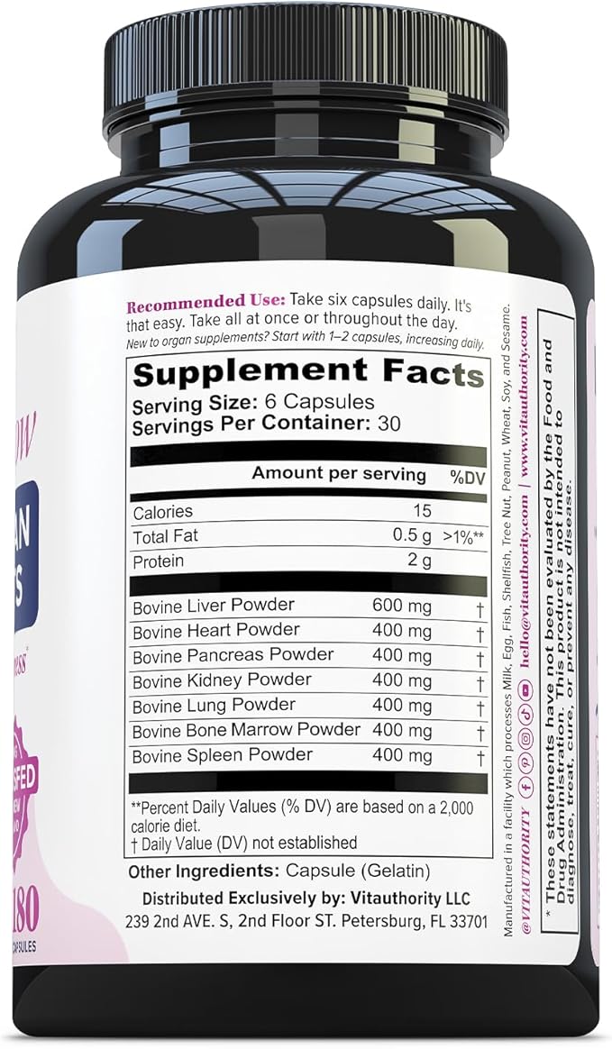 Beef Organ Supplement for Women | Grass-Fed Pasture-Raised New Zealand Bovine | 7 Organ Extracts with Liver Heart Kidney Bone Marrow &amp More Energy Digestion &amp Skin Support Primal Glow 30