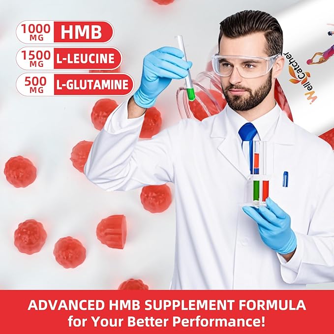 HMB and Leucine Amino Acid Gummies: HMB Supplements for Men Women with L-Glutamine for Muscle Growth Fast Workout Recovery Sugar Free Vegan Non-GMO Strawberry Flavored 30 Day Supply