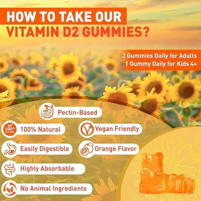 Vitamin D2 Gummies 2000 IU Plant-Based Vitamin D Supplement from Whole Mushroom for Bone Muscle &amp Immune Support Daily Sunshine Supply Vegan Non-GMO Orange 60 Chews