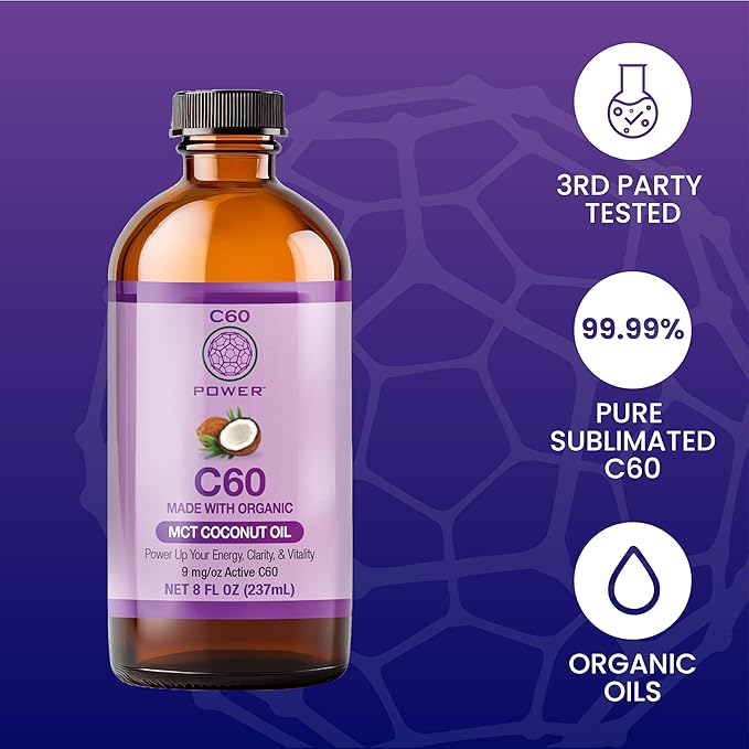 C60 Power C60 in Organic MCT Coconut Oil - Natural Wellness &amp Antioxidant Support for Men &amp Women 99.99% Pure Carbon Fullerenes Promotes Energy Mental Clarity &amp Stamina - 8 fl oz Bottl