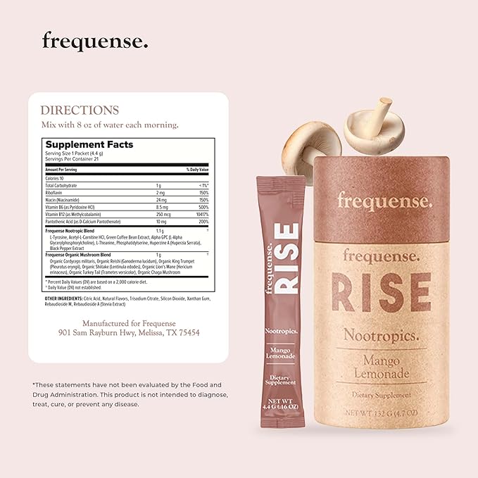 Frequense - Rise Nootropic Sticks - Mango Lemonade Flavor - Supports Brain Performance &amp Clarity - With Mushrooms B Vitamins &amp Green Coffee - 132g