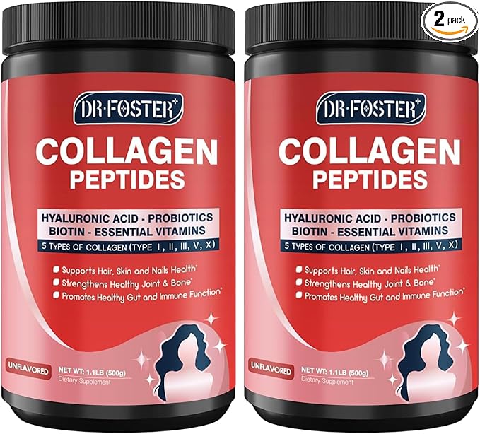 DRFOSTER Multi-Collagen-Peptide-Powder with Probiotics 50 Servings of Hydrolyzed Collagen Peptides with Hyaluronic Acid Biotin &amp Multivitamins - Supports Skin Hair Nails Health (Pack of 2)
