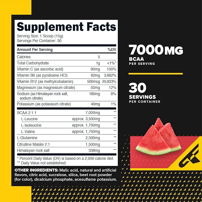 Primaforce BCAA Powder (Watermelon) - 7000MG 2:1:1 BCAAs 30 Servings Post-Workout Recovery Drink with Amino Acids and Real Salt for Men &amp Women