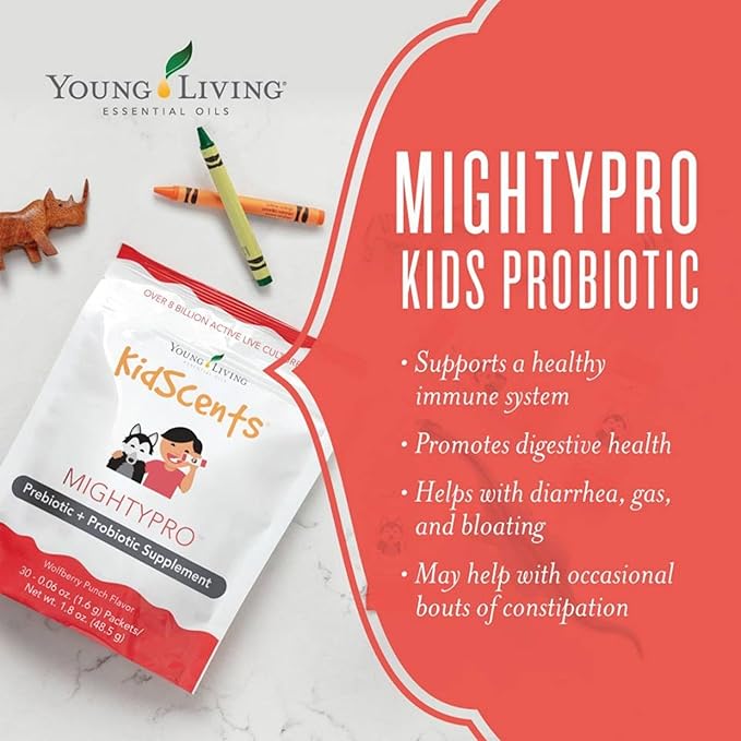 Young Living KidScents MightyPro Prebiotic &amp Probiotic Blend with 8 Billion Live Cultures Supports Digestive &amp Immune Health in Children Convenient Single-Dose Packets for Healthy Gut and