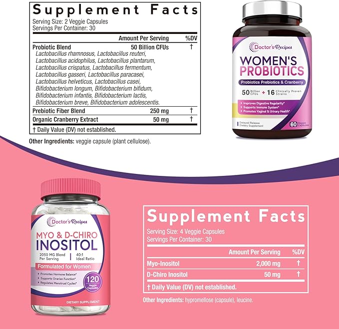 Doctor's Recipes Women’s Probiotics and Inositol Bundle - Gut Vaginal Urinary &amp Reproductive Health for Women