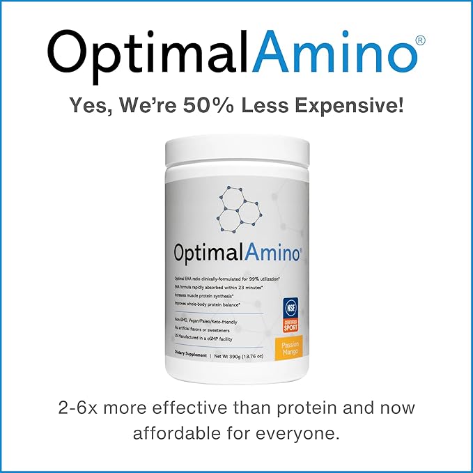 OptimalAmino Amino Acid Powder | 99% Utilized Essential Amino Acid (EAA) Supplement | Pre/Post Workout &amp Muscle Recovery | NSF for Sport Certified | Passion Mango Flavor
