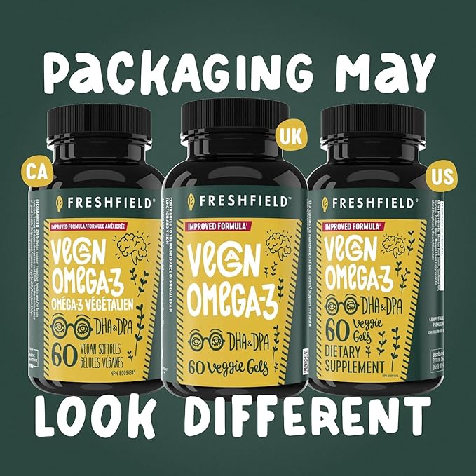 Freshfield Vegan Omega 3 Algae (Algal) Oil Fish Oil Free Company Third Party Tested Carrageenan Free DHA Supplement w/DPA Plant Based Omega. Supports Heart Brain Joint Health