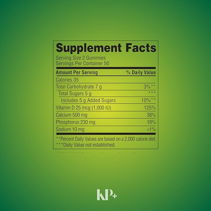 KP+ Calcium Gummies 500 mg with Vitamin D 25 mcg (1000 IU) | 100 Gummies | Natural Fruit Flavors | Pack of 1