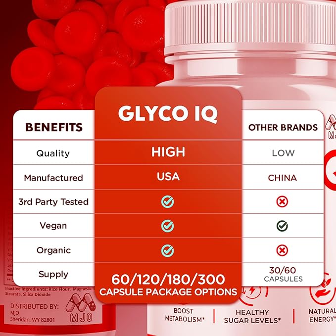 Glyco IQ Capsules Official GlycoIQ Blood Health Support Pills with All Natural Ingredients Glyco IQ Advanced Health &amp Wellness Support Formula with Premium Vitamins for Women &amp Men (60 Capsu