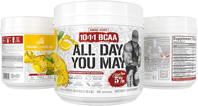 5% Nutrition Rich Piana AllDayYouMay BCAA Powder | Premium Intra &amp Post Workout Amino Acids Hydration Endurance Muscle Recovery Joint &amp Liver Support | 18.8 oz 30 Servings (Italian Lemon