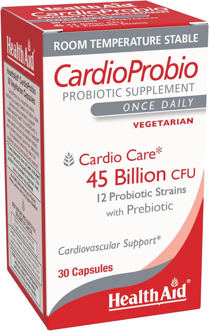 HealthAid CardioProbio Gut-Heart Probiotic – 45 Billion CFU 12 Strains + Prebiotic – Supports Digestive Health &amp Cardiovascular Wellness – Acid &amp Bile Resistant Vegetarian – 30 Capsules*