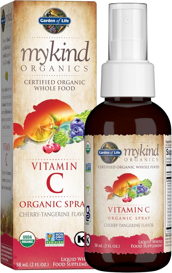 Garden of Life Dr. Formulated Probiotics Organic Kids+ Plus Vitamin C &amp D Immune &amp Digestive Health Berry Cherry Chewables Bundle with mykind Organics Vitamin C Spray