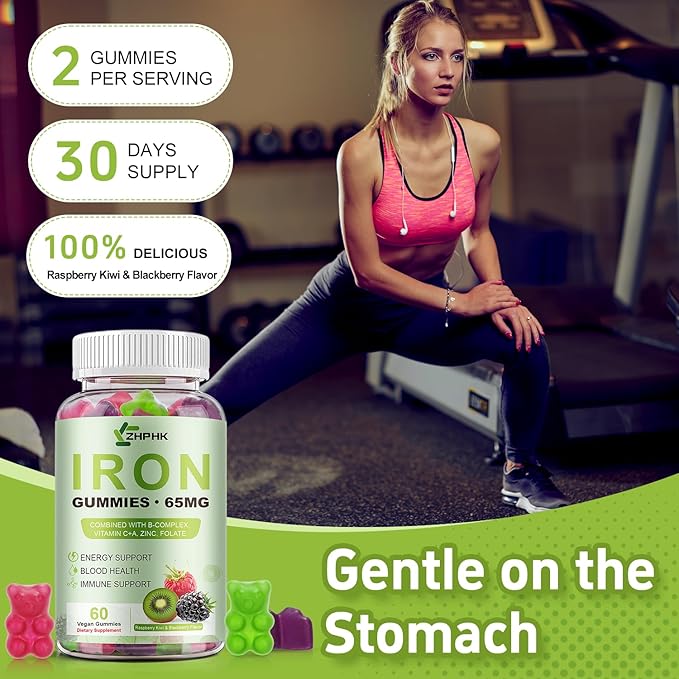 Iron Supplement for Women Men &amp Kids 65mg &amp Vitamin C 250mg per Serving with B6 B12 Folate- Energy Support for Iron Deficiency Anemia Vegan GummyRaspberry Kiwi &amp BlackBerry Flavor 60