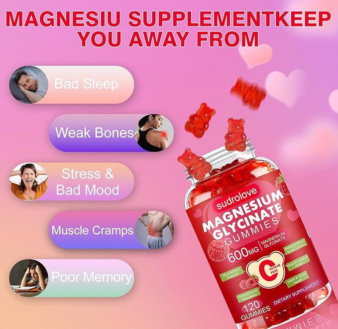 Magnesium Glycinate Gummies 600mg- Sugar Free Mg Potassium Supplement with Magnesium Glycinate Vitamin D B6 and CoQ10 for Calm Support &amp Sleep for Adults 60 Days Supply ((Pack of 2) Raspberry)