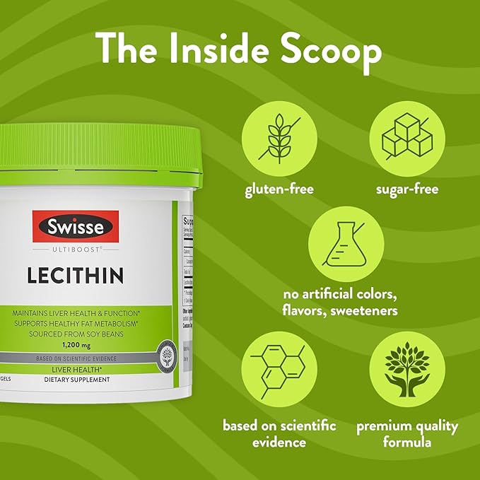 Swisse Soy Lecithin 1200mg Softgels Capsules | Maintains Liver Health and Function * | Supports Fat Metabolism * | Choline Lecithin Supplement 1200 mg | 180 Softgels