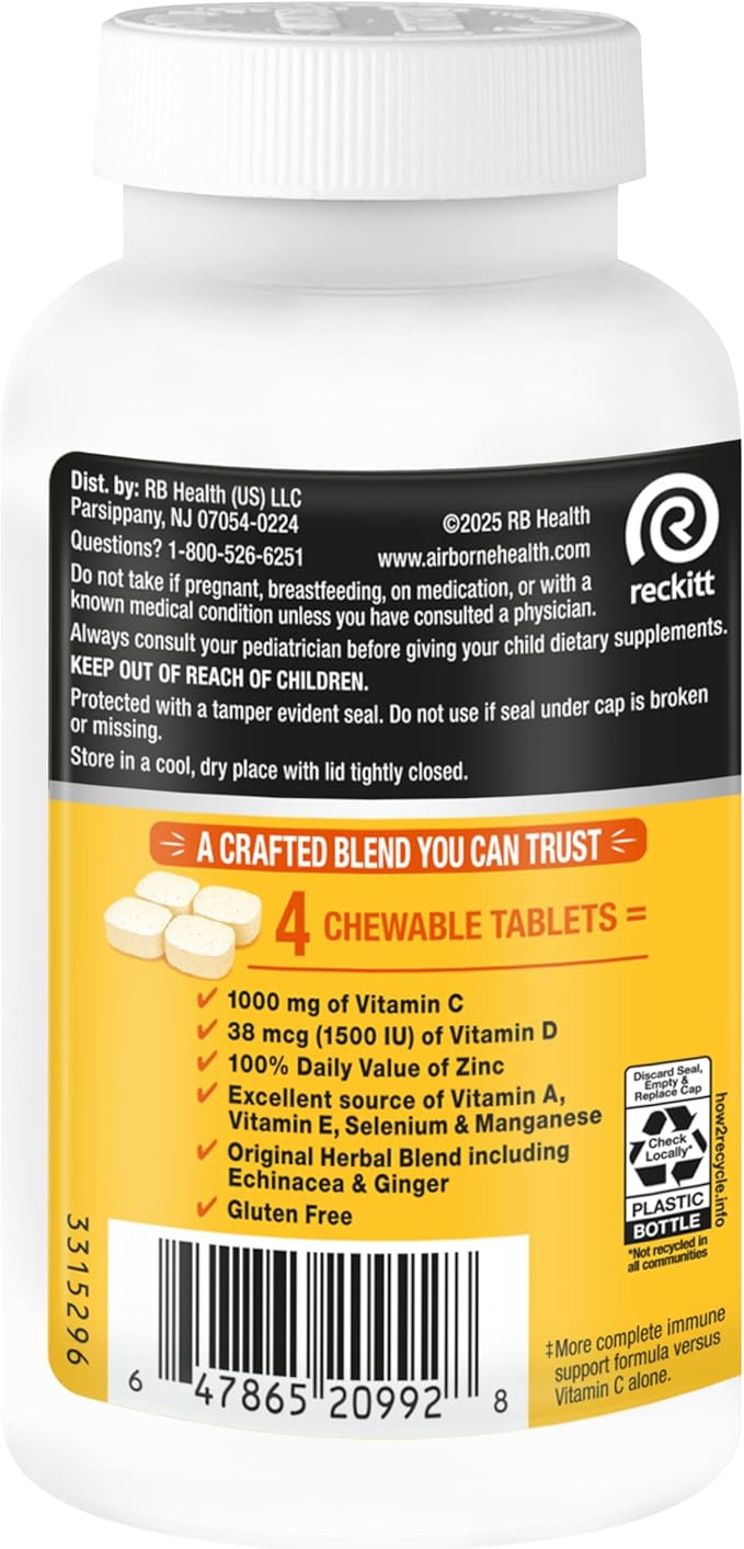 Airborne 1000mg Vitamin C + Zinc Immune Support Supplement Chewable Tablets Citrus Flavor with Powerful Antioxidants Vitamins A C &amp E 116 Chewable Tablets (2 Pack)