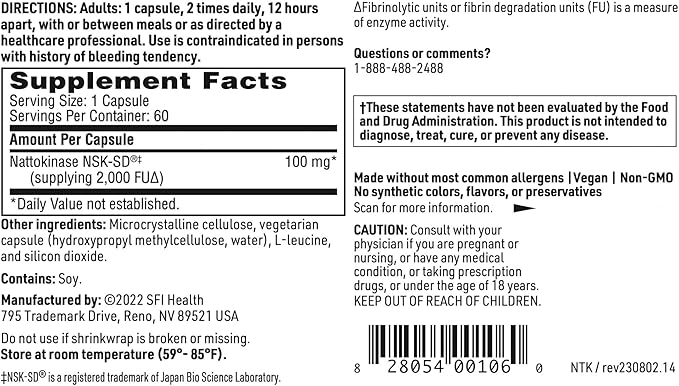 Klaire Labs SFI Health Nattokinase NSK-SD - Proteolytic Enzyme for Cardiovascular Support Dairy &amp Gluten-Free (60 Capsules)