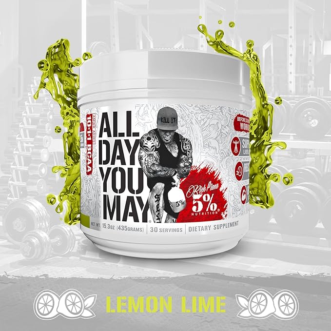 5% Nutrition Rich Piana AllDayYouMay BCAA Powder Premium Intra &amp Post Workout Amino Acids Hydration Endurance Muscle Recovery Joint &amp Liver (Lemon Lime)