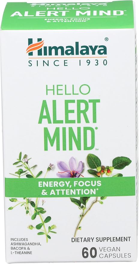 Himalaya Hello Alert Mind with L-Theanine Ashwagandha Bacopa Vitamin B6 &amp B12 for Energy Focus &amp Attention Vegan Gluten Free 60 Capsules