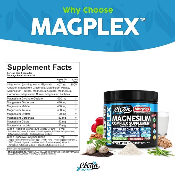 8in1 Magnesium Supplement Complex | Magnesium Glycinate Citrate Malate Gluconate Orotate Carbonate Lactate + Prebiotics Probiotics Digestive Enzymes Magnesio Capsules for Women Men By Clean Nutra