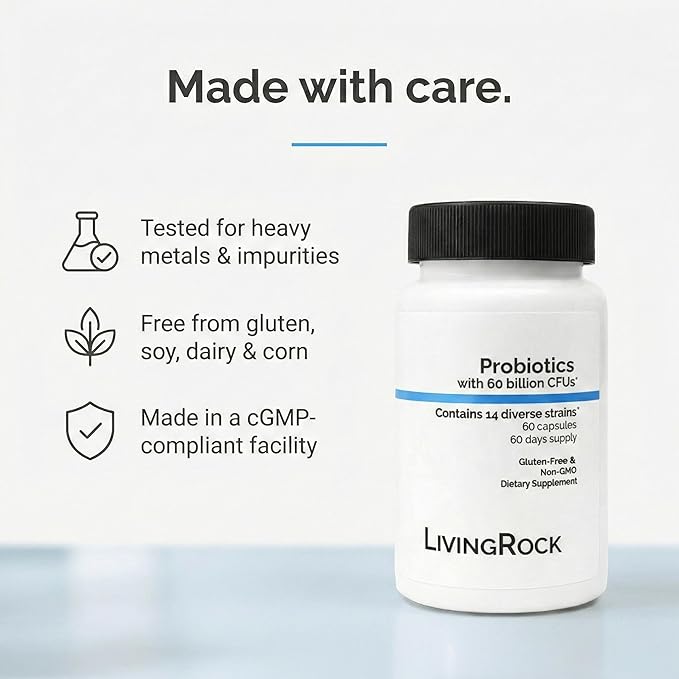 LivingRock Probiotics 60 Billion CFU – 14 Diverse Strains + Prebiotic Fiber (FOS) with Zinc &amp Vitamin D3 – Gluten-Free Non-GMO Dietary Supplement 60 Capsules