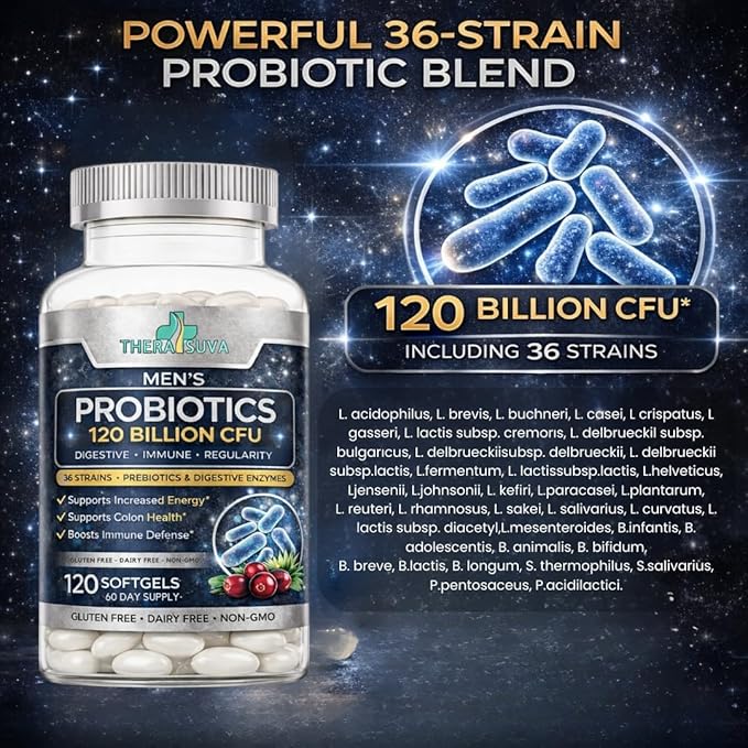 Men’s Advanced Probiotics 120 Billion CFU - 36 Strains + Prebiotics Enzymes &amp Veggie Blend for Gut Immune &amp Colon Health - 2 Month Supply 120 Softgels