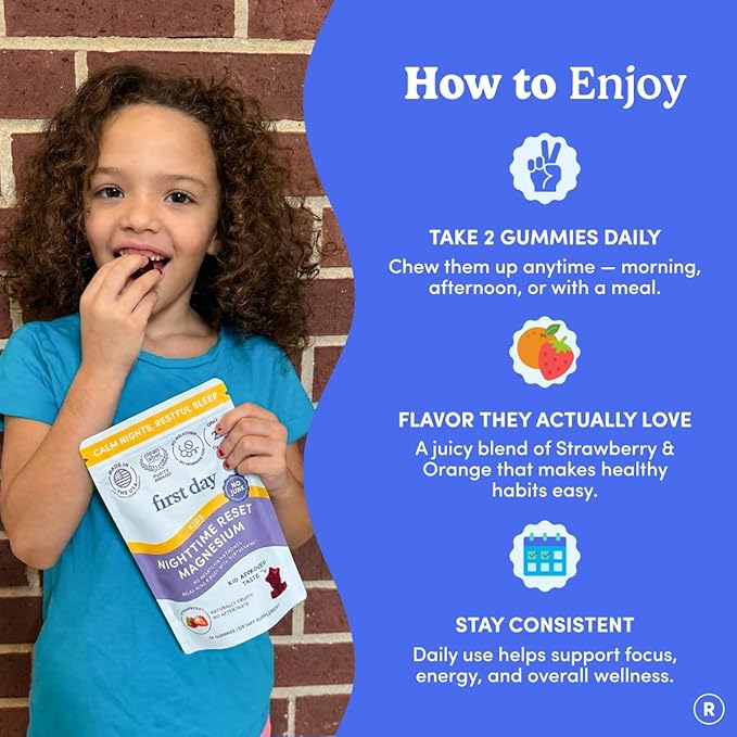 FIRST DAY Magnesium for Kids Gummies – Calm Kids Magnesium Citrate Gummies to Support Sleep &amp Relaxation – Bedtime Supplement with Suntheanine® L-Theanine NO Melatonin - Strawberry - 30-Day Suppl